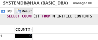 SAP HANA Studio result showing a count of zero from M_INIFILE_CONTENTS for BASIC_DBA when LDAP authorization was not applied.