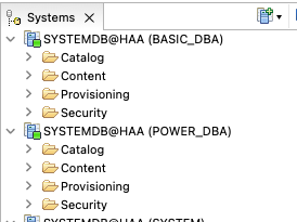 SAP HANA Studio Systems view showing SYSTEMDB connections for BASIC_DBA and POWER_DBA.