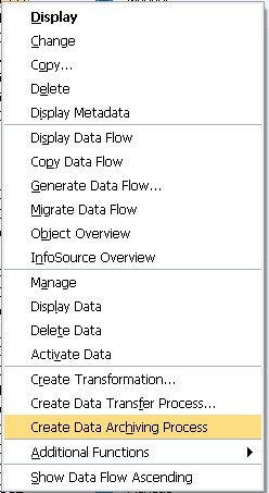 RSA1 context menu with Create Data Archiving Process selected.