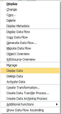 RSA1 context menu for InfoProvider ZXXXX_O4 with Display Data selected.