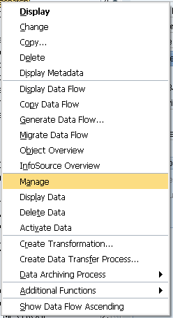 RSA1 context menu with Manage selected for the InfoProvider.