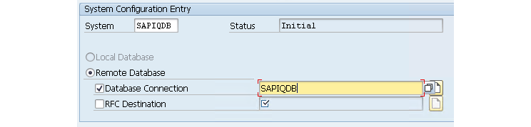 DBACOCKPIT System Configuration Entry dialog with SAPIQDB as the system and database connection.