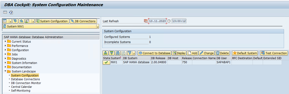 DBACOCKPIT System Configuration Maintenance screen in transaction DB02.