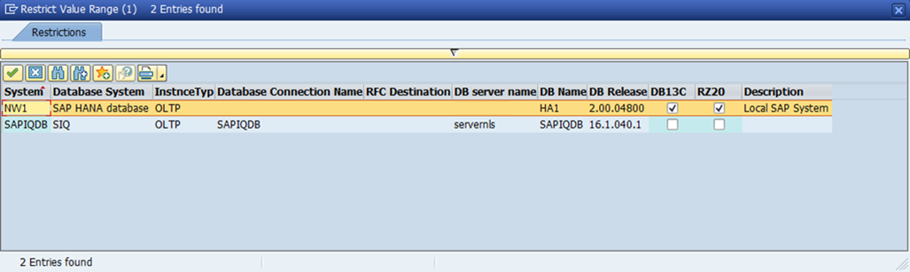 DBACOCKPIT system-selection screen listing the local HANA database and the SAPIQDB SAP IQ database.