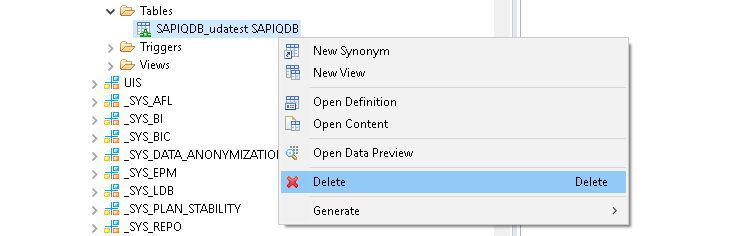 SAP HANA Studio context menu showing the Delete action for the SAPIQDB_udatest virtual table.