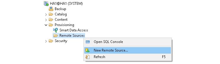 SAP HANA Studio context menu for creating a new remote source under Provisioning and Remote Sources.