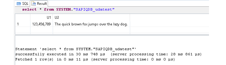 SAP HANA SQL result showing the test row retrieved from the SAP IQ udatest virtual table.