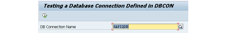 ADBC_TEST_CONNECTION input screen with SAPIQDB entered as the database connection name.