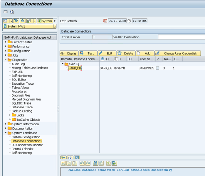 DB02 Database Connections view showing a successful test of the SAPIQDB connection.