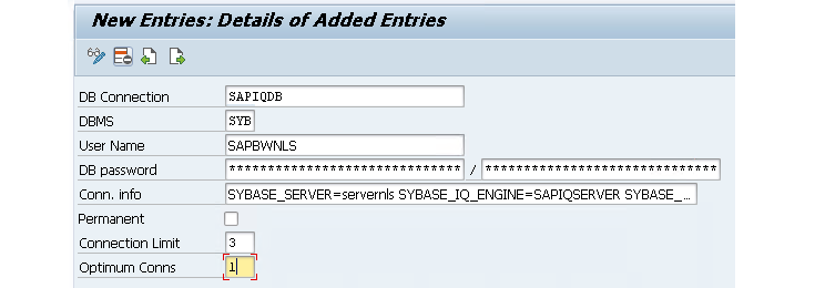 SAP NetWeaver DBCON entry for the SAPIQDB connection using DBMS SYB and the SAPBWNLS user.