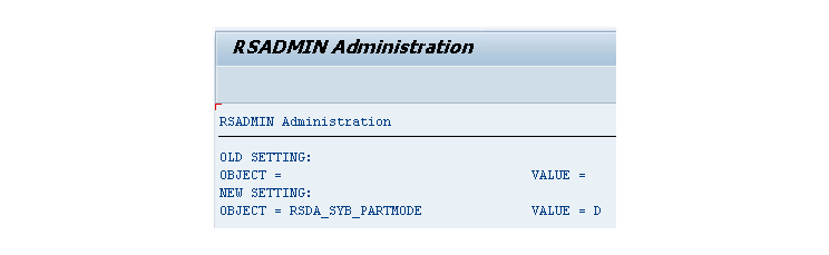 RSADMIN Administration result showing the new RSDA_SYB_PARTMODE setting with value D.