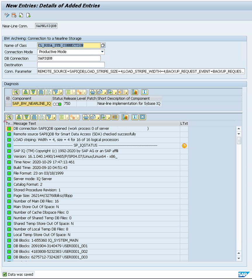 RSDANLCON screen showing the SAPNLSIQDB connection and successful validation messages with green status icons.