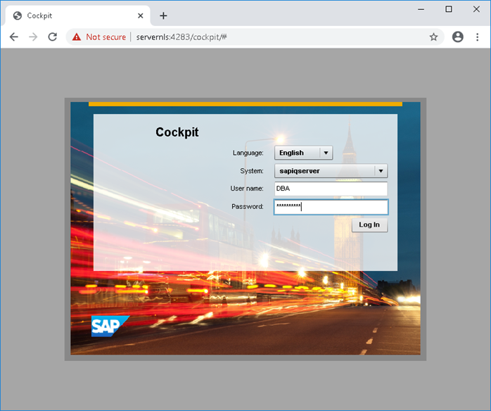 SAP IQ Cockpit login screen with the SAPIQSERVER system and DBA username selected.
