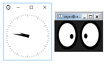 xclock and xeyes windows used to validate X11 forwarding before running the SAP IQ graphical installer.